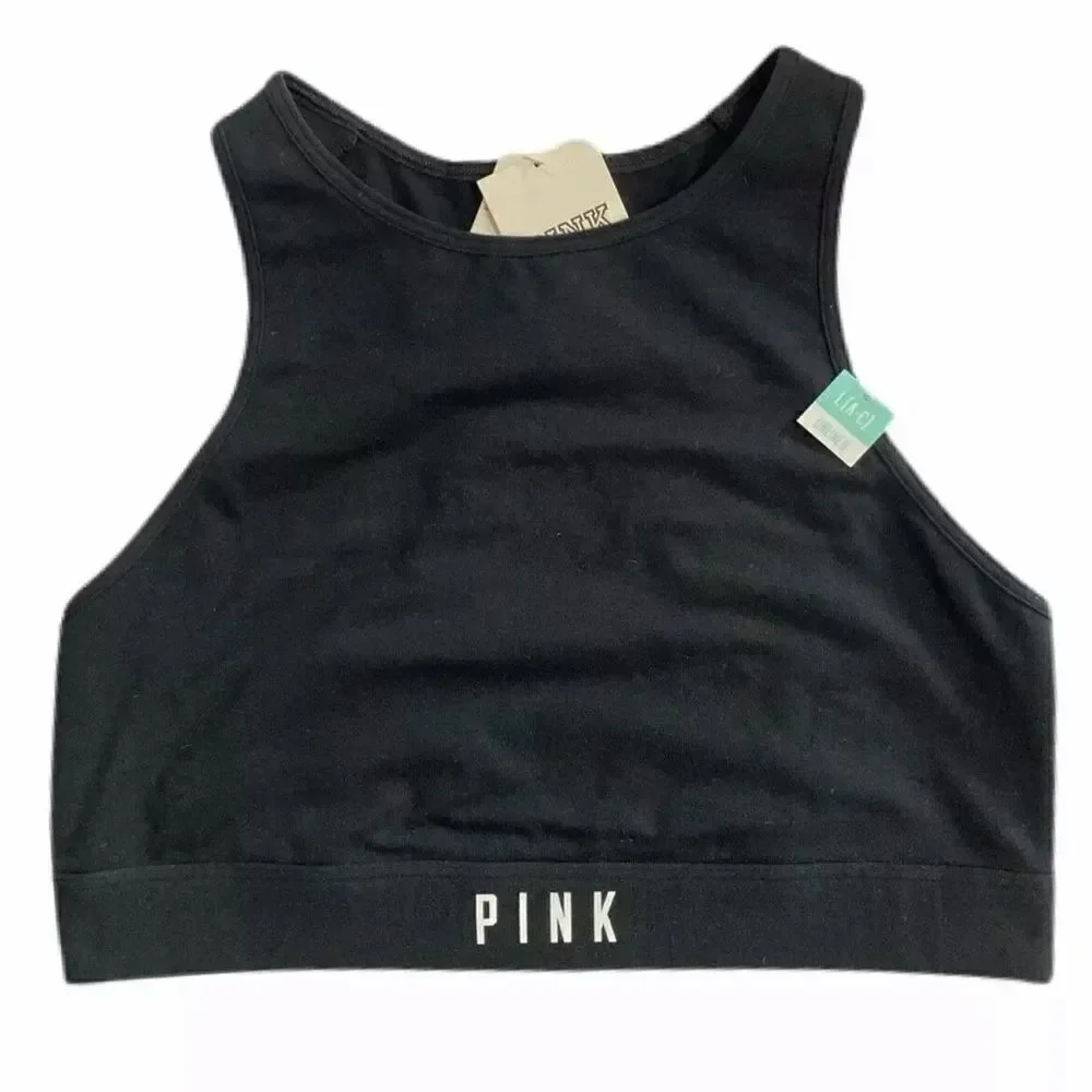 Victorias Secret Pink Sport Cotton Unlined High Neck Crop bra black Large